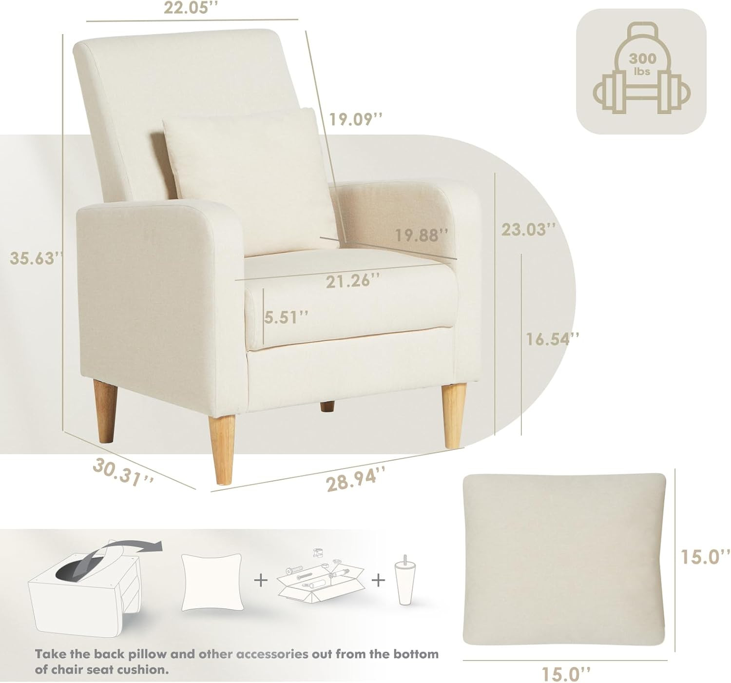 Stylish Mid-Century Modern Accent Chair with Back Pillow, Beige Upholstery