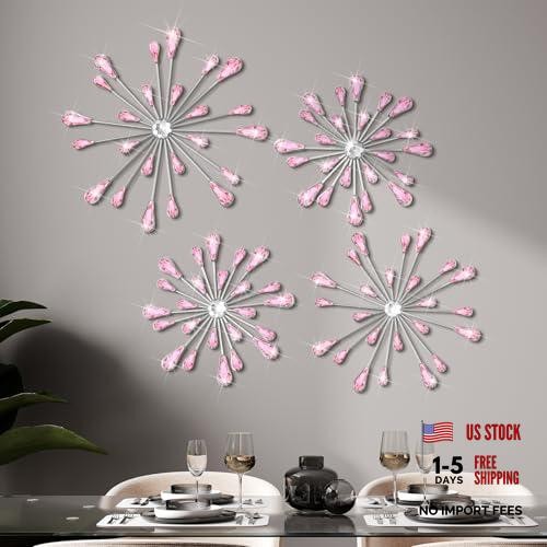 4 Pcs Starburst Wall Decor Bling Wall Art Crystal Teardrop 3D Hanging Pink