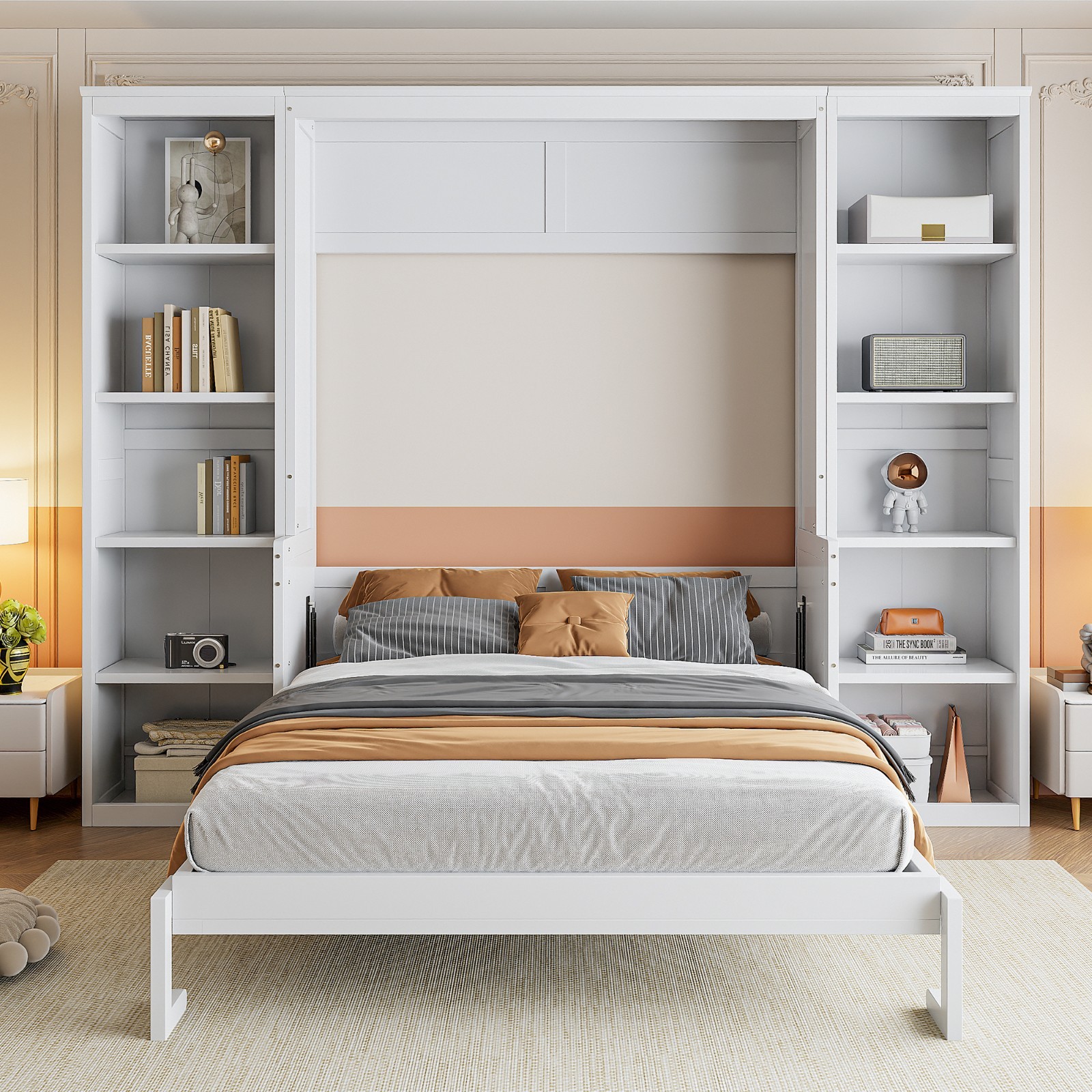 Full Size Murphy Bed Multiple Storage with Desk and Bookshelf for Bedroom White