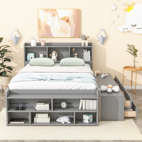 Solid Wood Platform Bed with Storage Drawers & Bookcase Headboard Full Size Beds