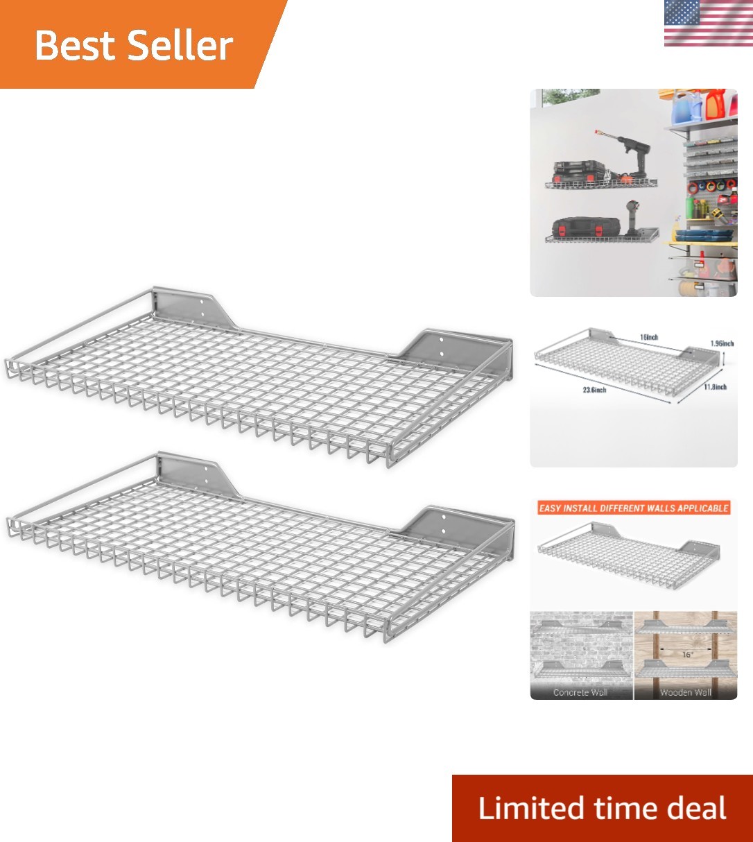 Heavy Duty Wall Mounted Metal Wire Shelving – 2 Pack – 65 lbs Capacity