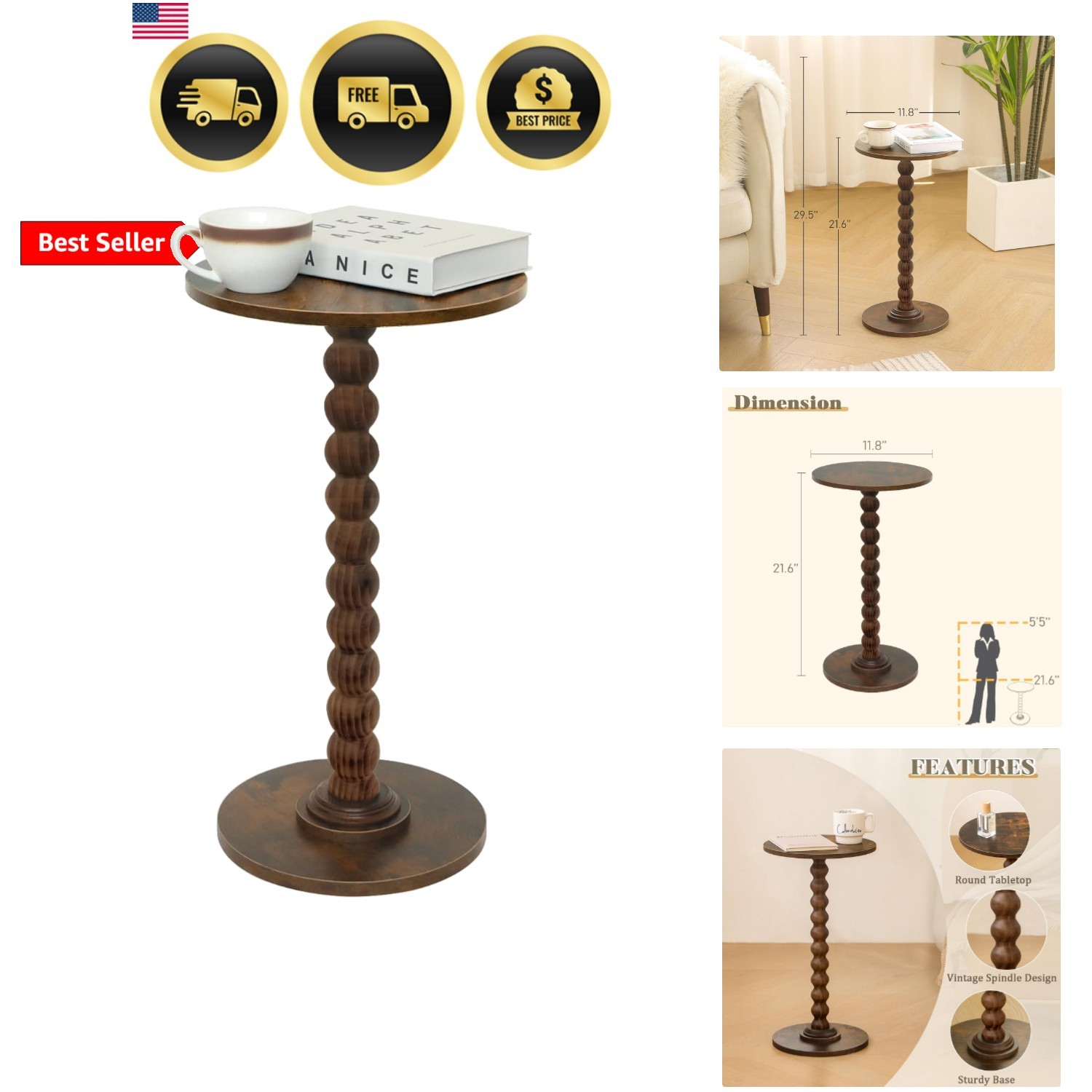 Round Side Table, Small Drink Table for Small Spaces, Modern Accent Nightstan…