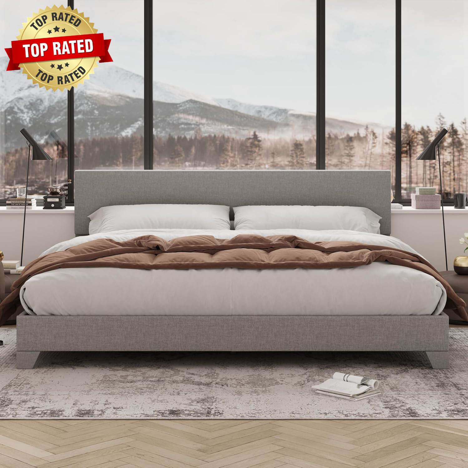 King Size Platform Bed Frame with Adjustable Upholstered Headboard, Strong Wood