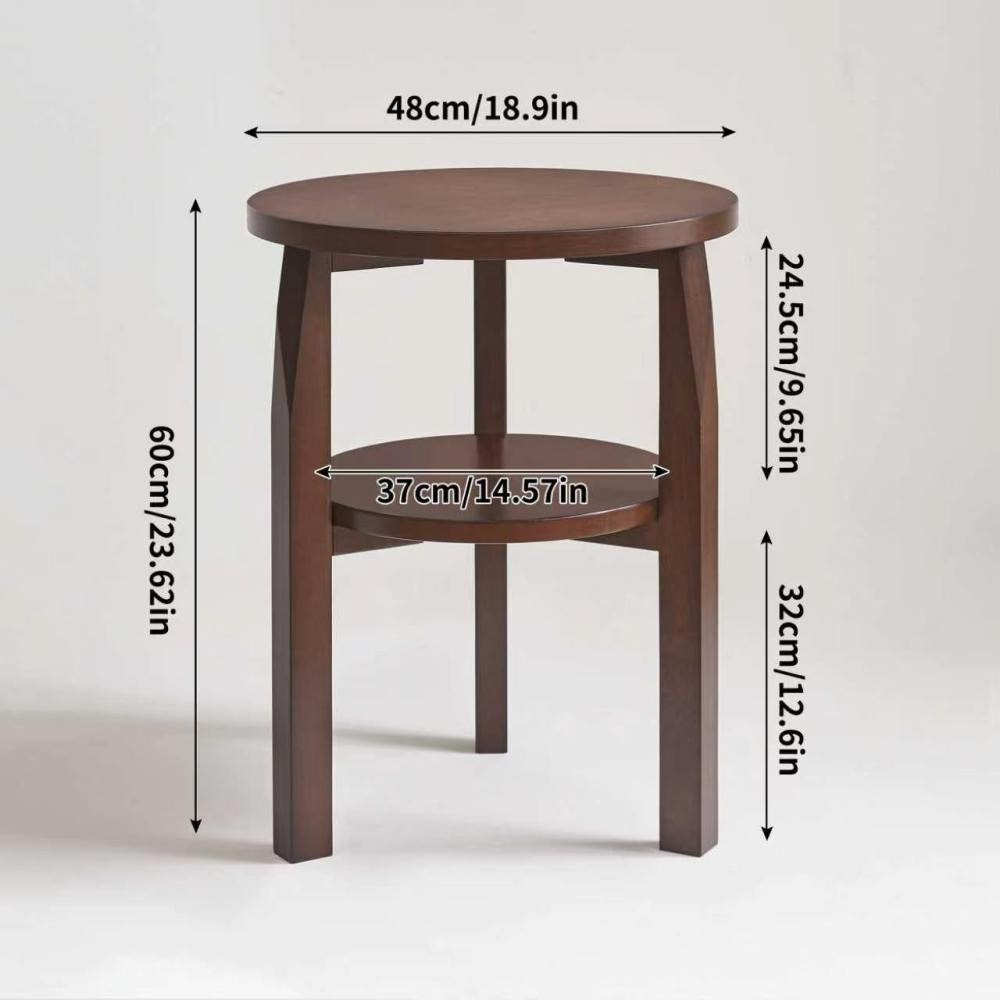 Solid Rubberwood Round End Table 2-Tier Side Table Lower Storage Shelf
