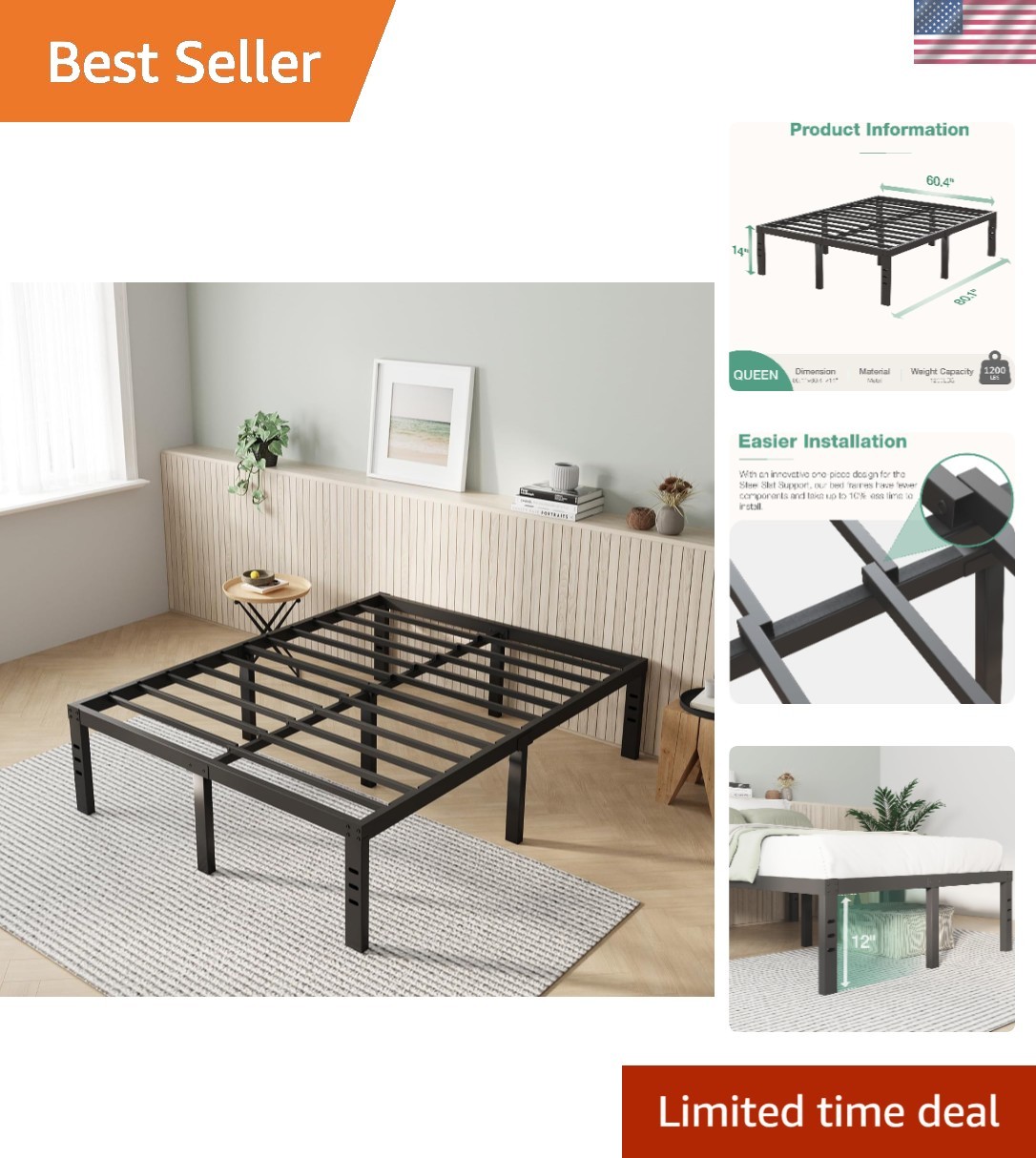 14-Inch Queen Steel Platform Bed Frame with Under-Bed Storage and Easy Assembly