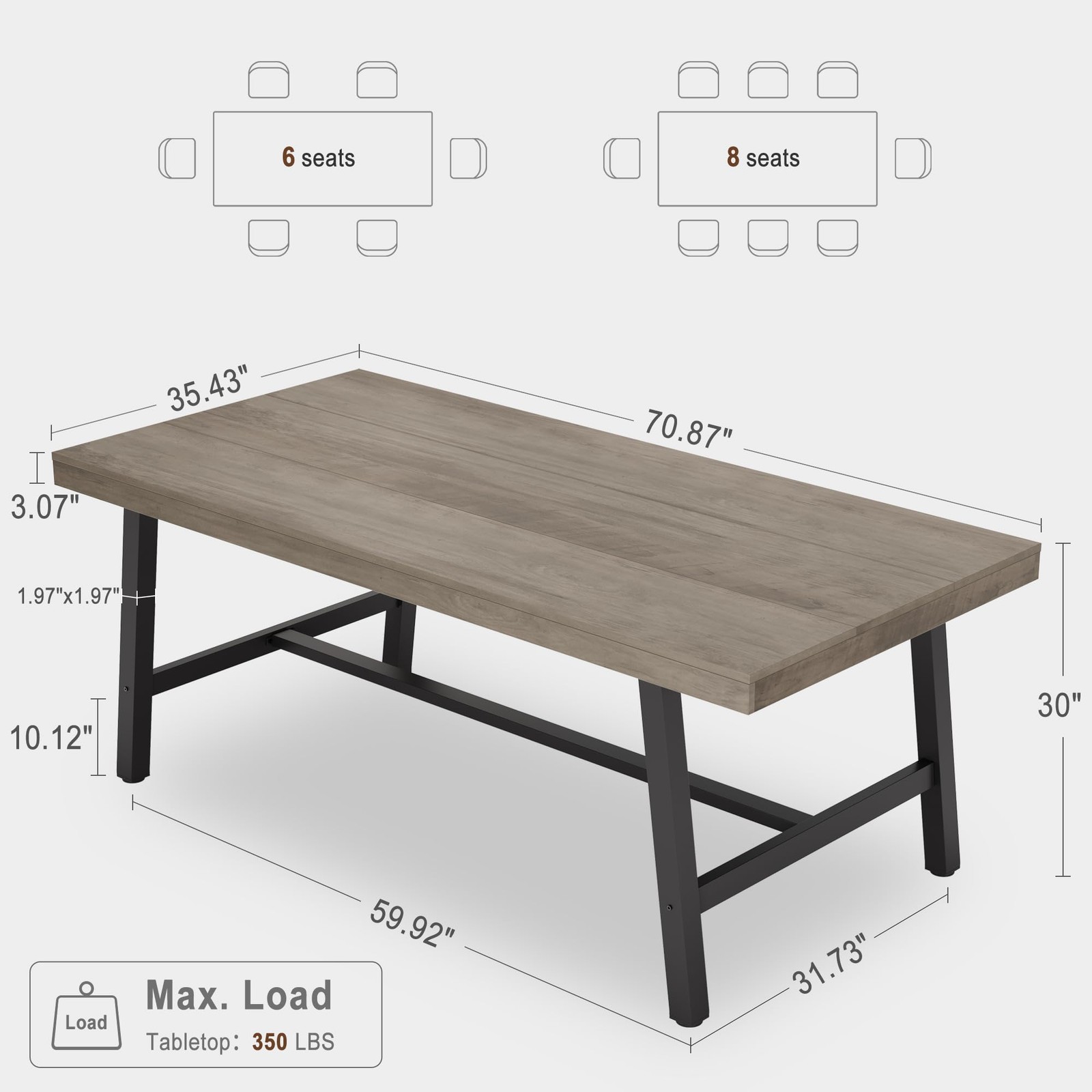 70.87-Inch Large Dining Table, Rectangular Farmhouse Wood Kitchen Table for 6-8