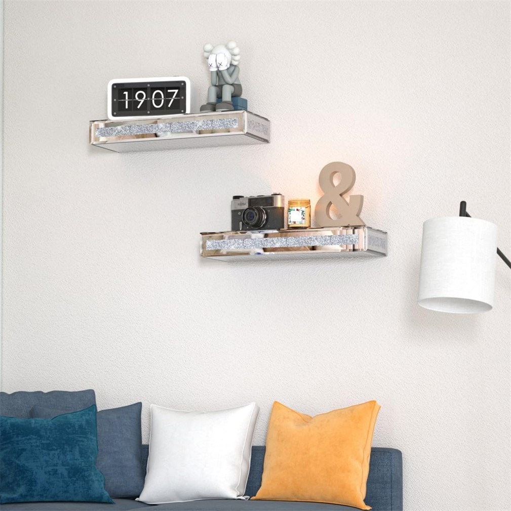 Mirrored Floating Shelves Glitter Crushed Diamond Wall Mounted Organizer Rack