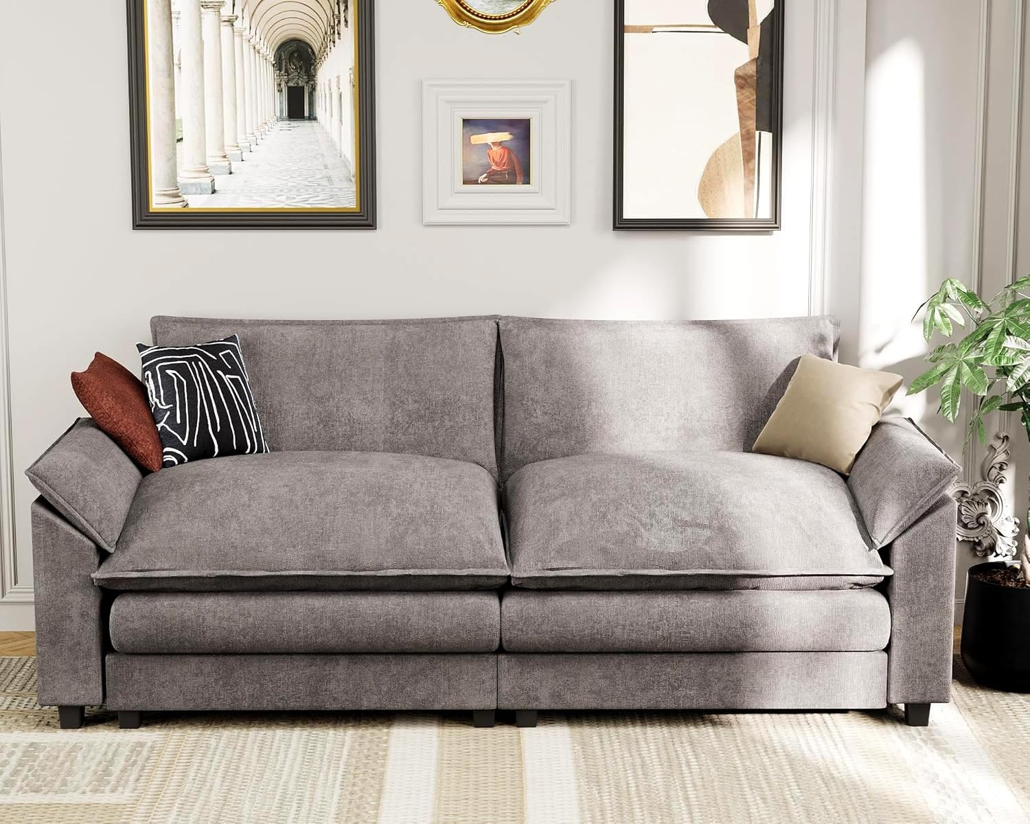 80″ Gray Chenille Sleeper Lovefor seat Sofa Metal Frame Deep for Seat Throw Pill