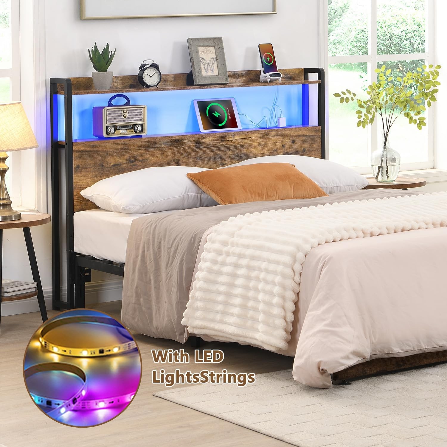 Full Size Headboard Only with LED Lights USB Charging Station Storage Shelf