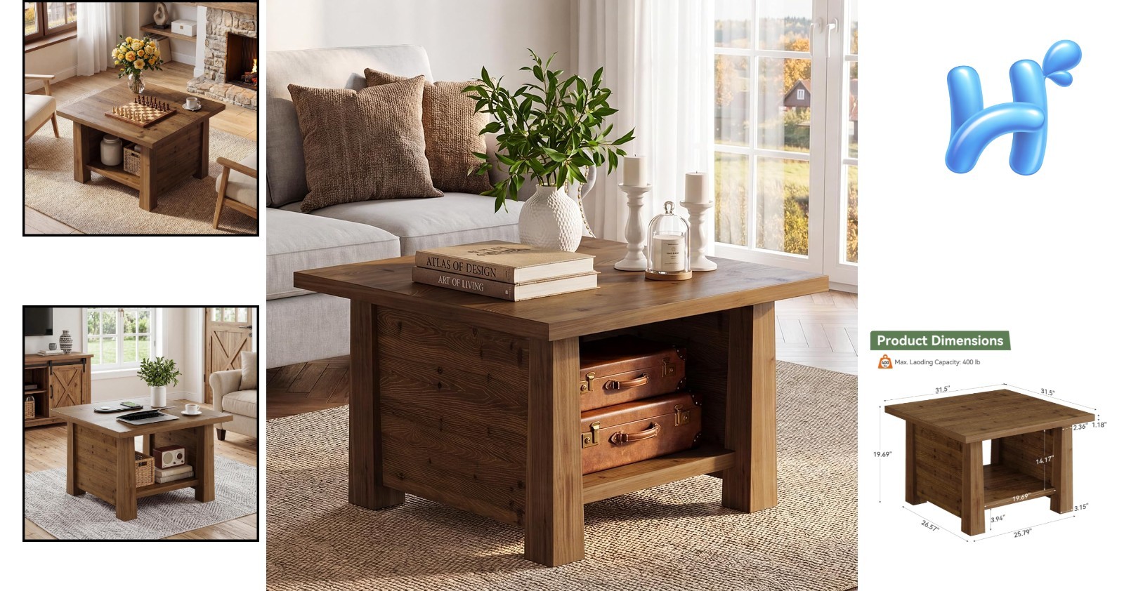 Solid Wood Coffee Table 31.5 Inch Square Rustic Brown Two-Tier Storage Shelf