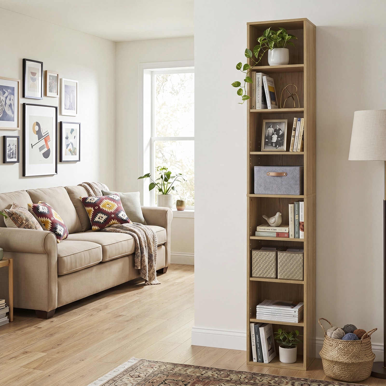 71 Inches Tall Narrow Bookshelf, 8-Tier Slim Bookcase w/ 4 Adjustable Shelves