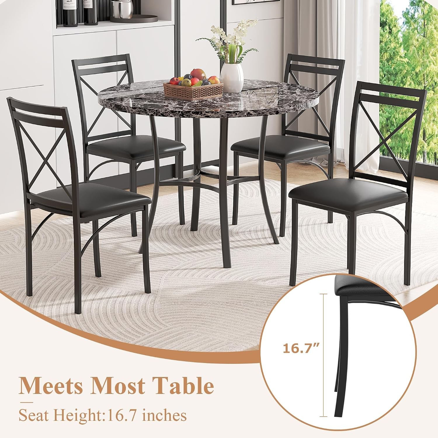 Metal Dining Chairs Set of 4, Steel Legs and PU Leather Cushion Seats for