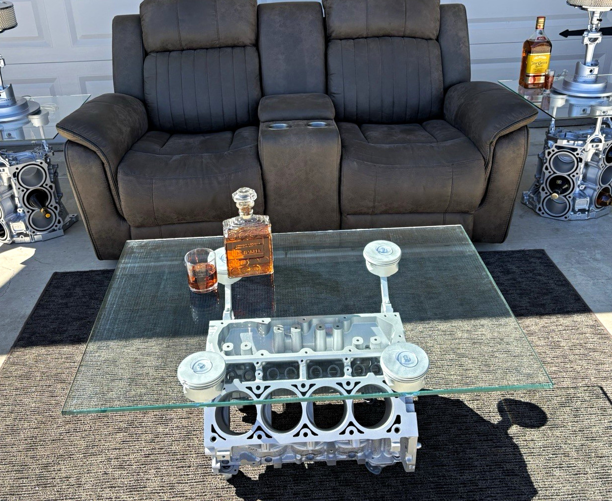 Glass Top Coffee Table Engine Block Metal Base w/ Wheels Silver Clear 39×26