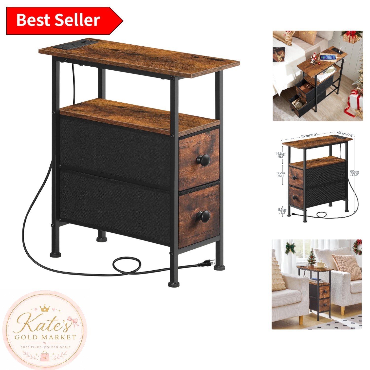 Industrial Chic End Table with Storage Drawers – Ideal for Compact Living Spaces