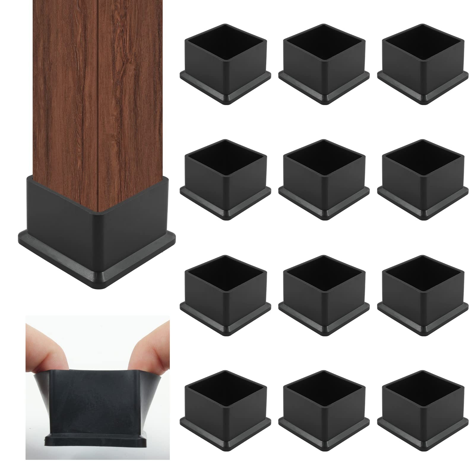 12PCS Black Square Chair Leg Caps 1.5in Rubber Feet Floor Protector Pads