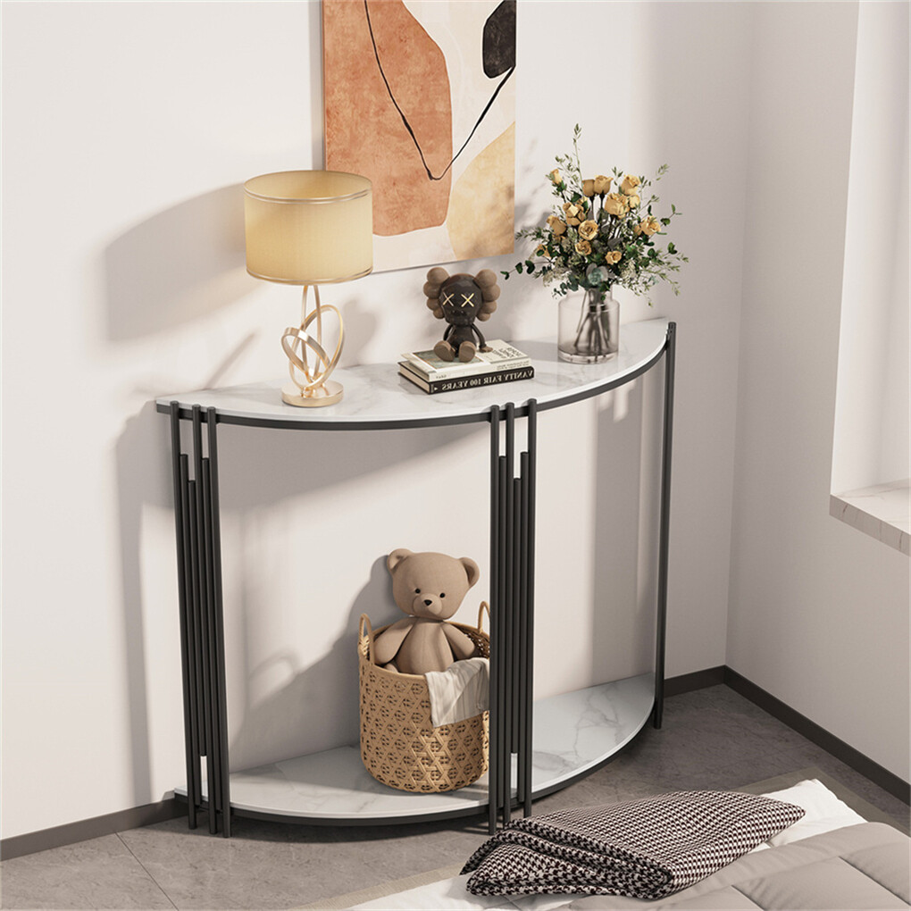 Classic White Marble Entryway Table Sintered Stone Top w Black Metal Leg Hallway