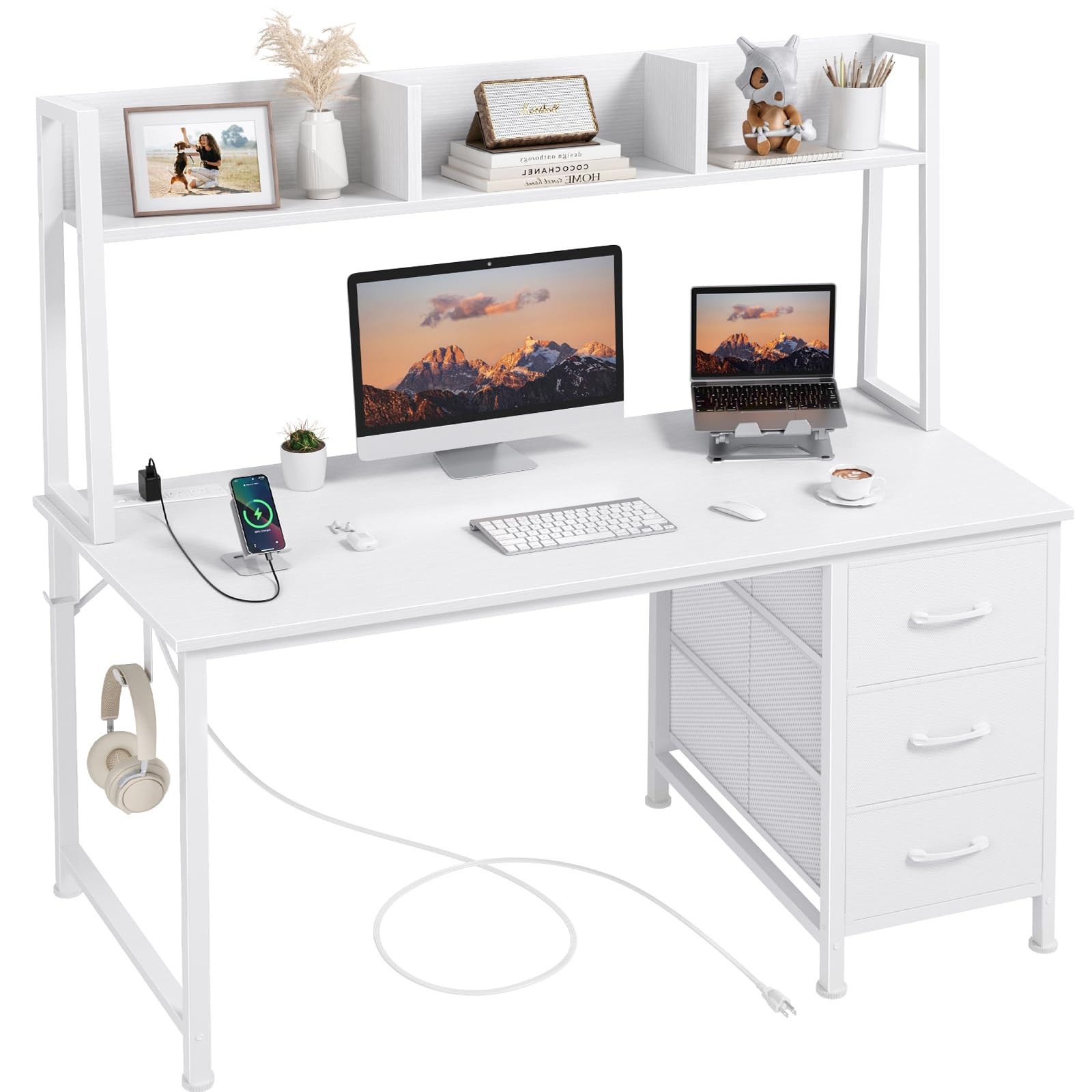 DLisiting White Computer Desk with Hutch & Drawers – 47 Inch 47.2″,