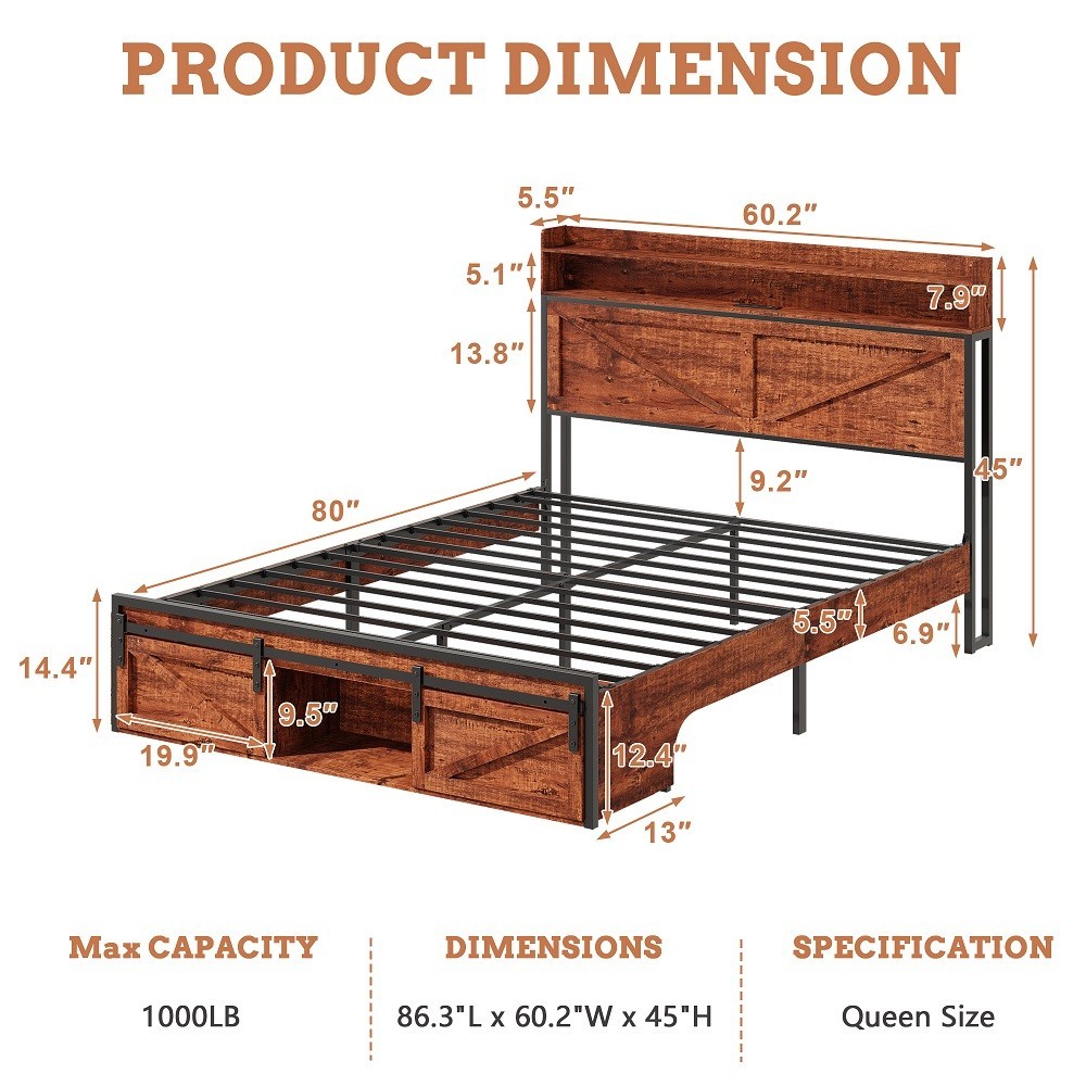 Full/Queen Size Bed Frame Wood Platform Bed w/Storage Headboard & LED Lights