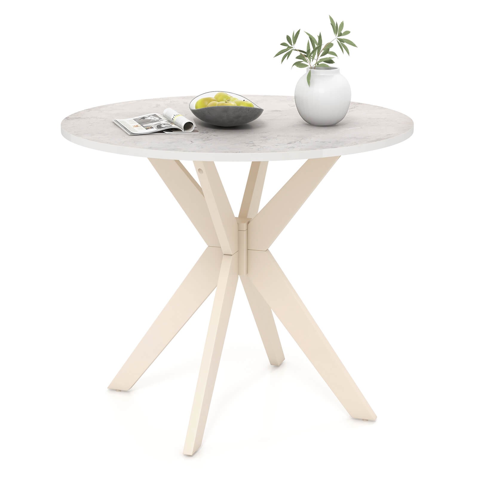 Round Dining Table 36″ Faux Marble Tabletop Rubber Wood Legs Kitchen White