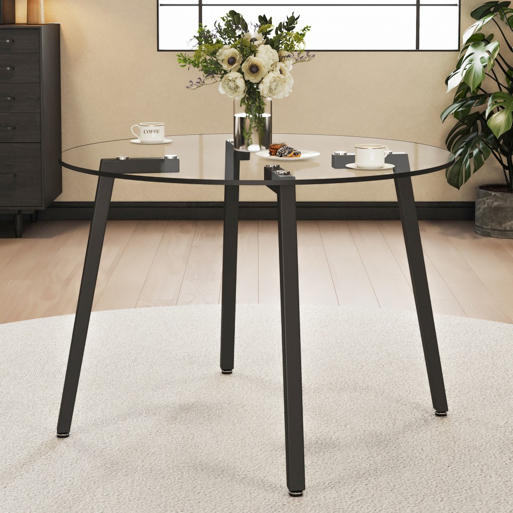 Modern Round Tempered Glass Table, Black Metal Legs, 42x42x29.5″, 1123
