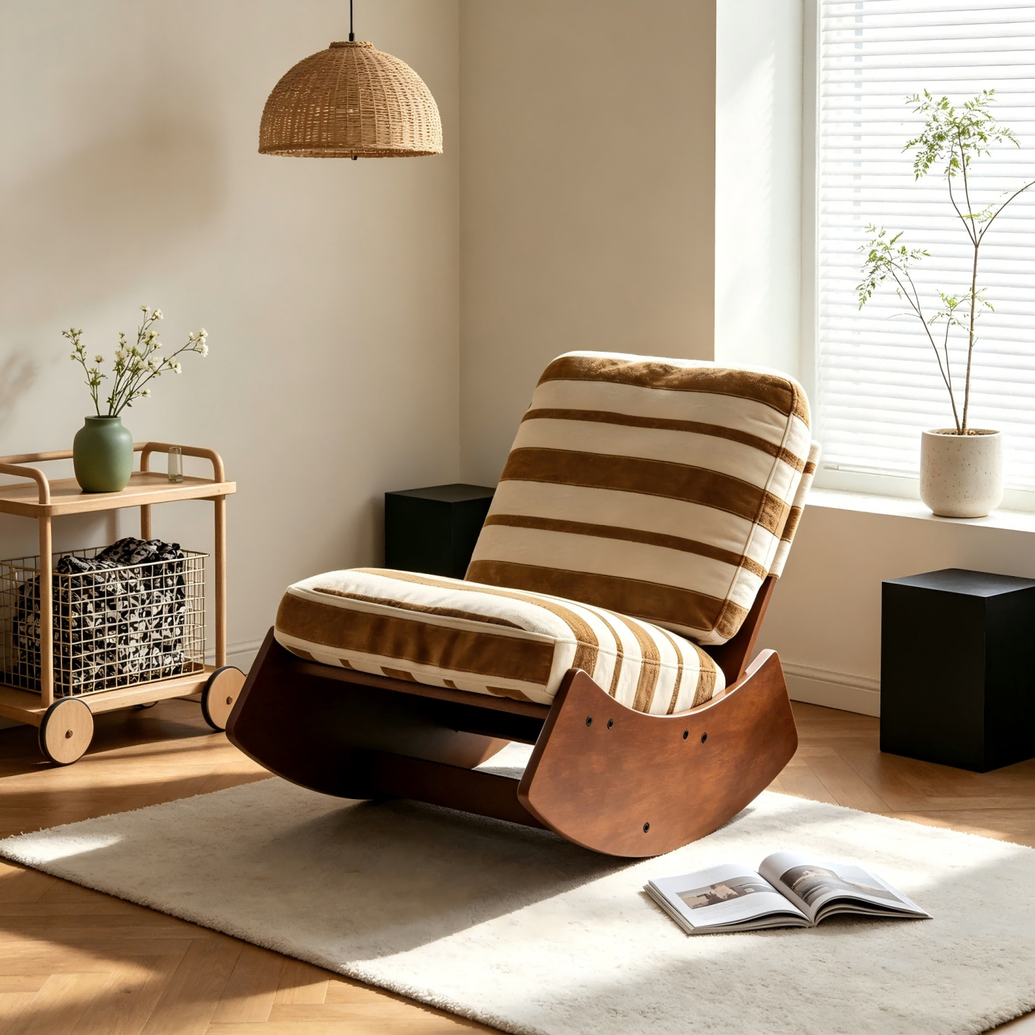 Modern Rocking Chair Flannel Upholstered with Solid Wood Frame for Living Room