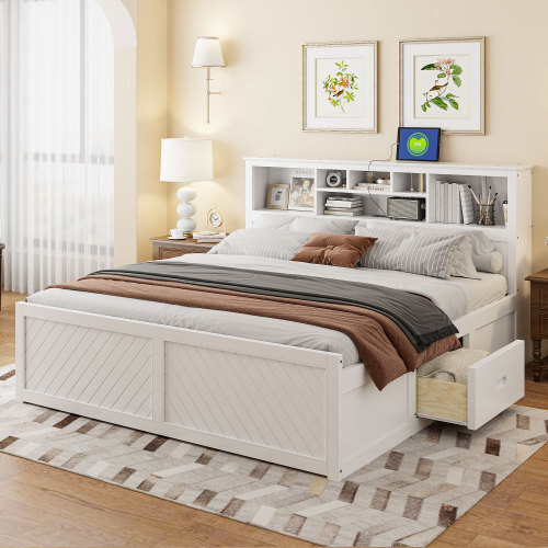 King Size Platform Bed with Storage Drawers Bookcase Headboard Wooden Bed Frames