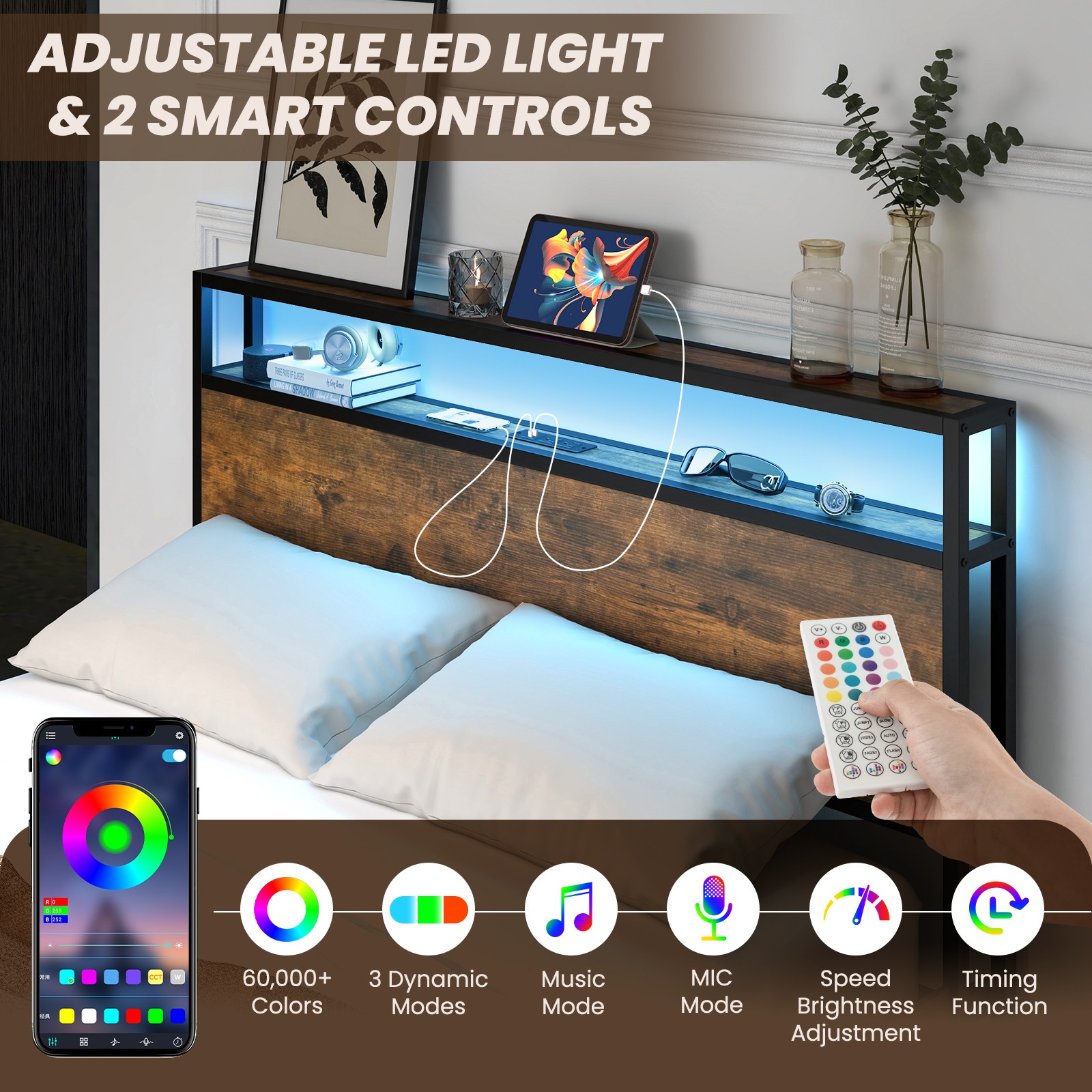 Full Industrial Platform Bed Frame with Storage Drawers & LED Lights Headboard