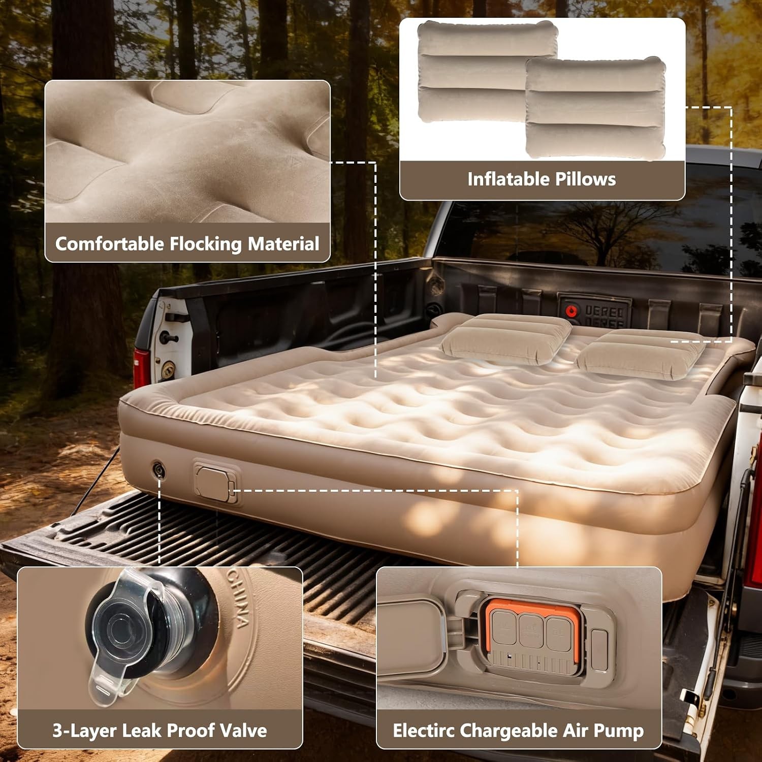 Inflatable Truck Bed Air Mattress 6-6.5 FT Full Size, Built-in Air Pump,