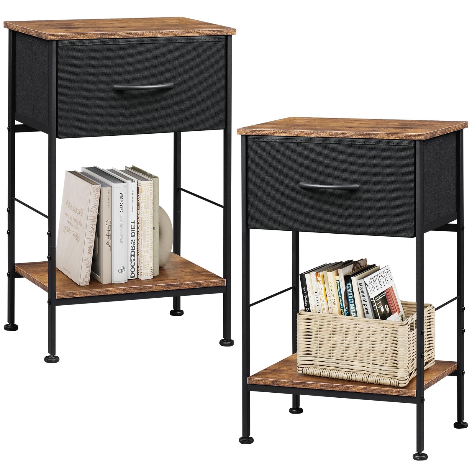 WLIVE Nightstand Set of 2, End Table with Fabric Storage Drawer and Open Wood Sh