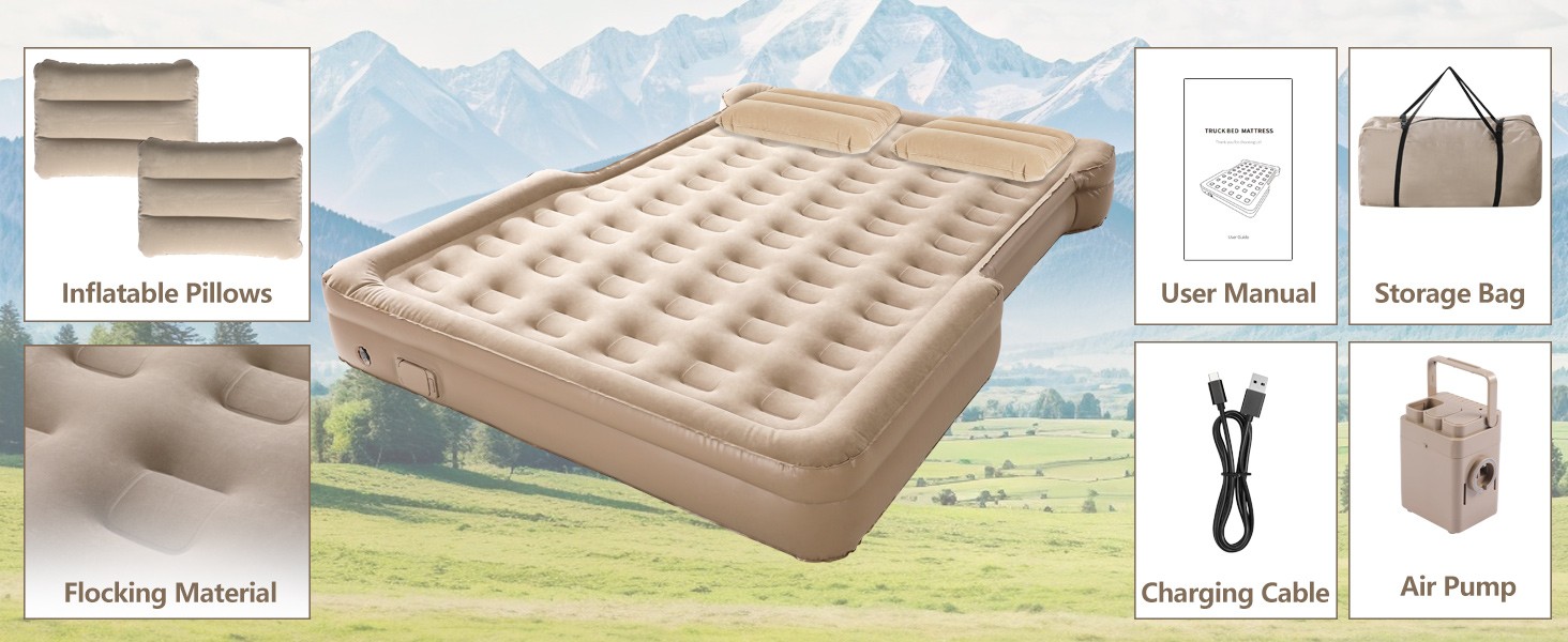Inflatable Truck Bed Air Mattress 6-6.5 FT Full Size, Built-in Air Pump,