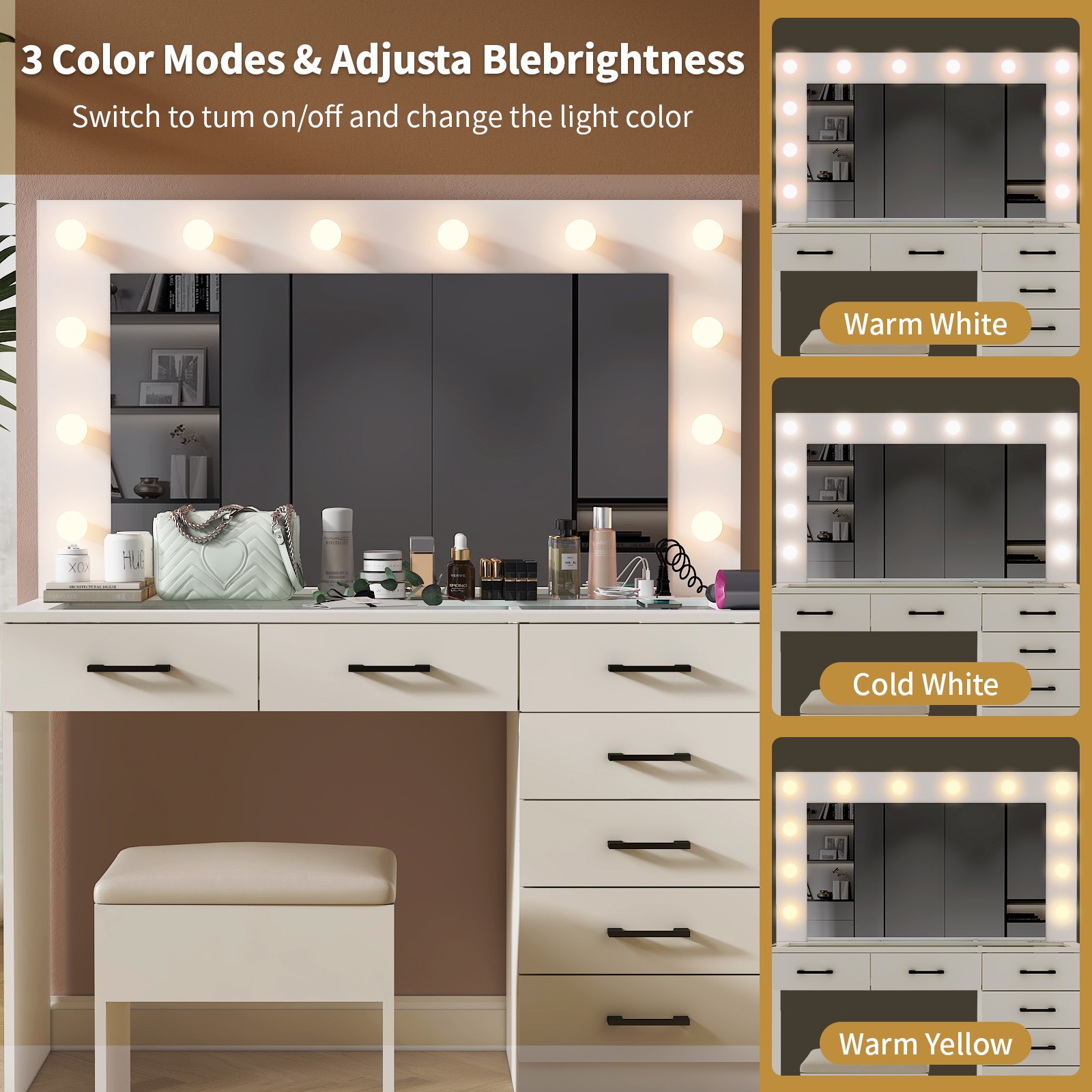 Large Vanity Set Makeup Desk Dressing Dresser Table 7 Drawer with 12 LED Lights