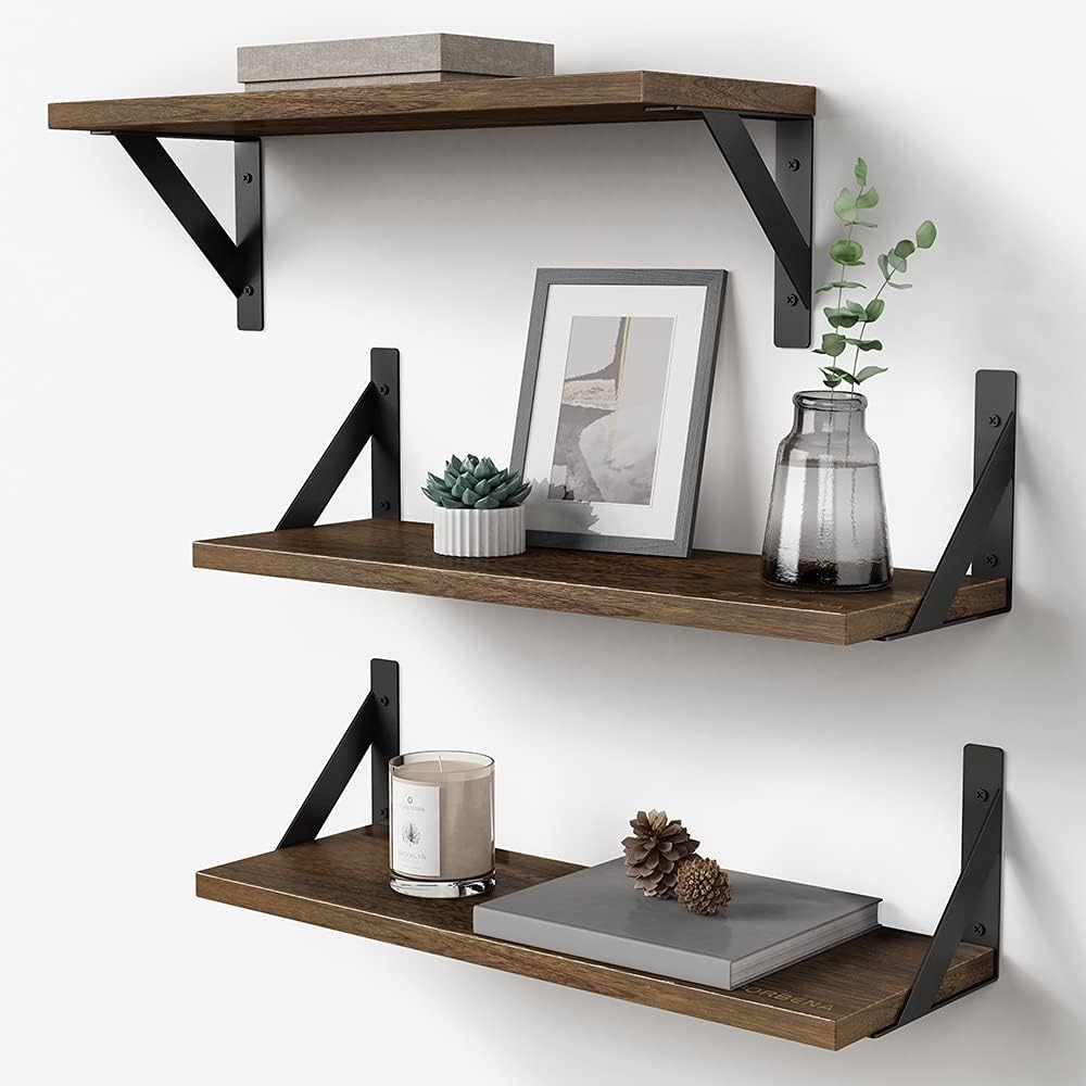 Rustic Floating Book Shelves for Wall Set of 3, 17 Inch Wood Wall Bookshelf f…