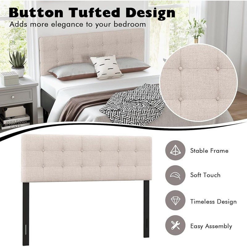 Adjustable Upholstered Headboard Full Queen Bed Soft Fabric Tufted Design Stable