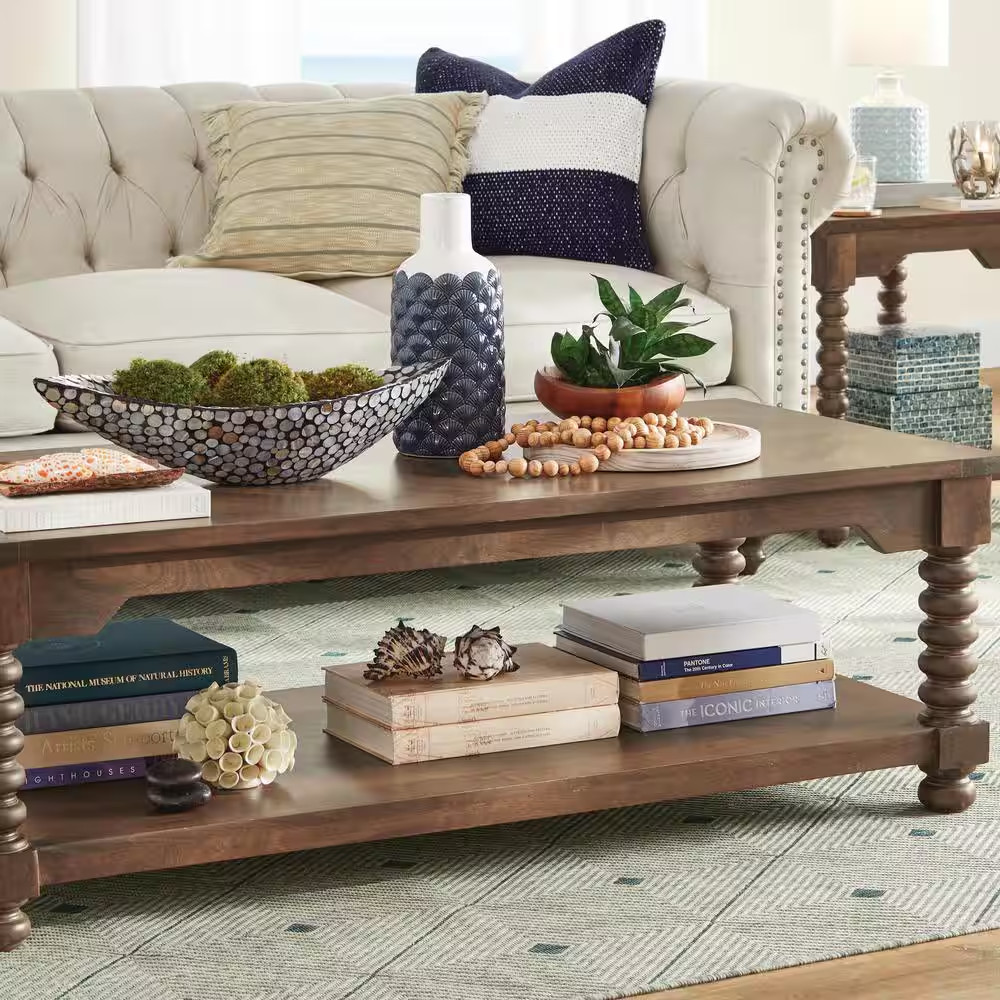 Glenmore 54 In. Large Walnut Brown Rectangle Wood Coffee Table with Detailed Leg