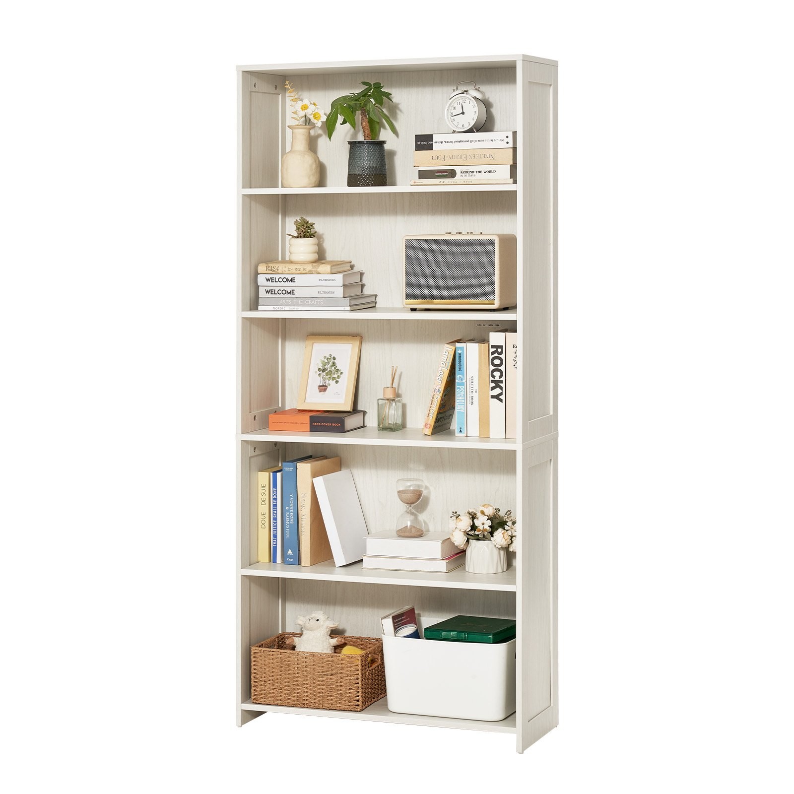 5 Tiers Wide Bookshelf, 68 In Wooden Open Bookcase With Display Storage Shelf
