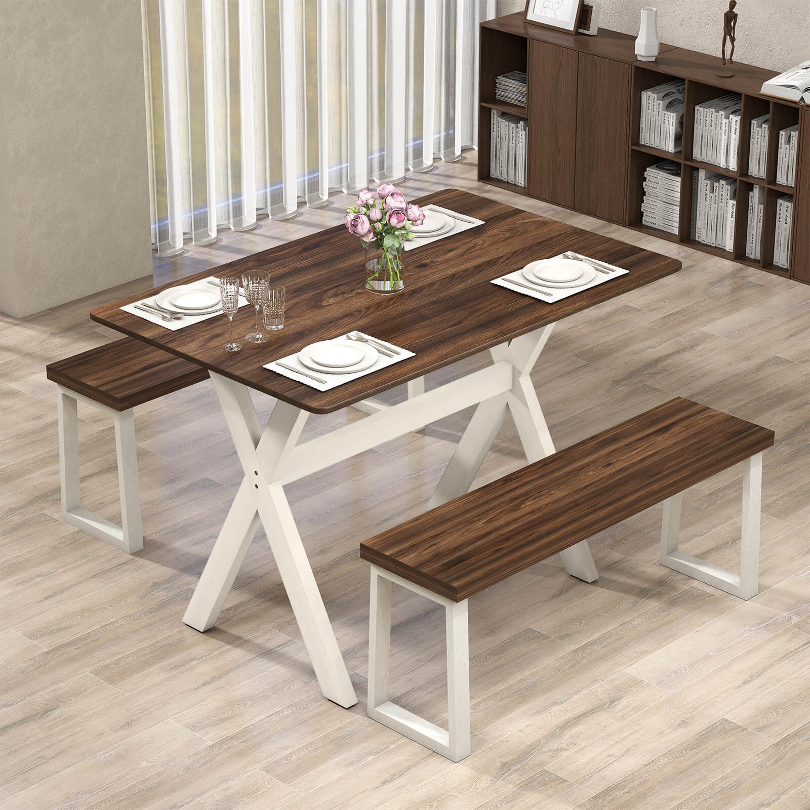 Dining Table w/ X-shaped Frame Wood Grain Texture Tabletop Accent Side Table