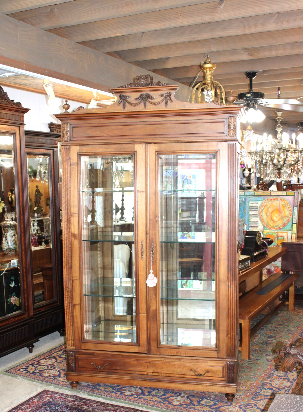French Antique Louis XVI Walnut Armoire / Display Cabinet Mirrored & Glass Shelf