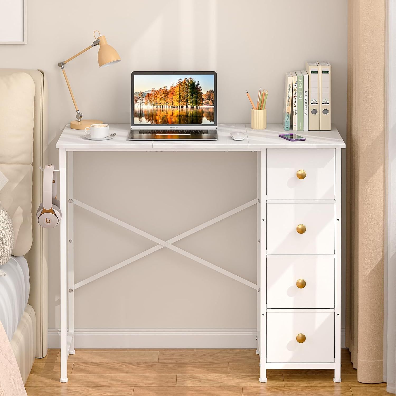 Small White Desk with Drawers for Bedroom, 35.4 Inch Kids Girls Teens Student Wr