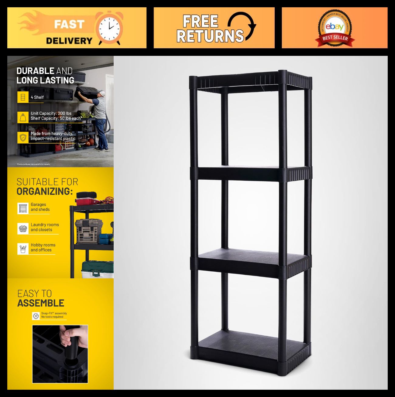 4-Shelf Plastic Storage Shelves – 48″x23″x14″ – 200lb Capacity, Easy Assembly, D