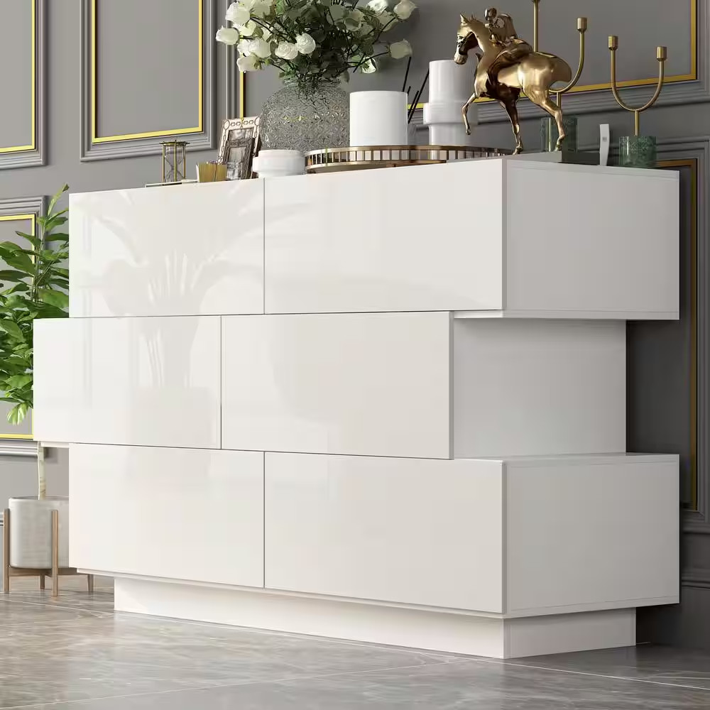 46.1 In. W X 15.7 In. D X 30.7 In. H High Gloss White Wood 6-Drawer Dresser
