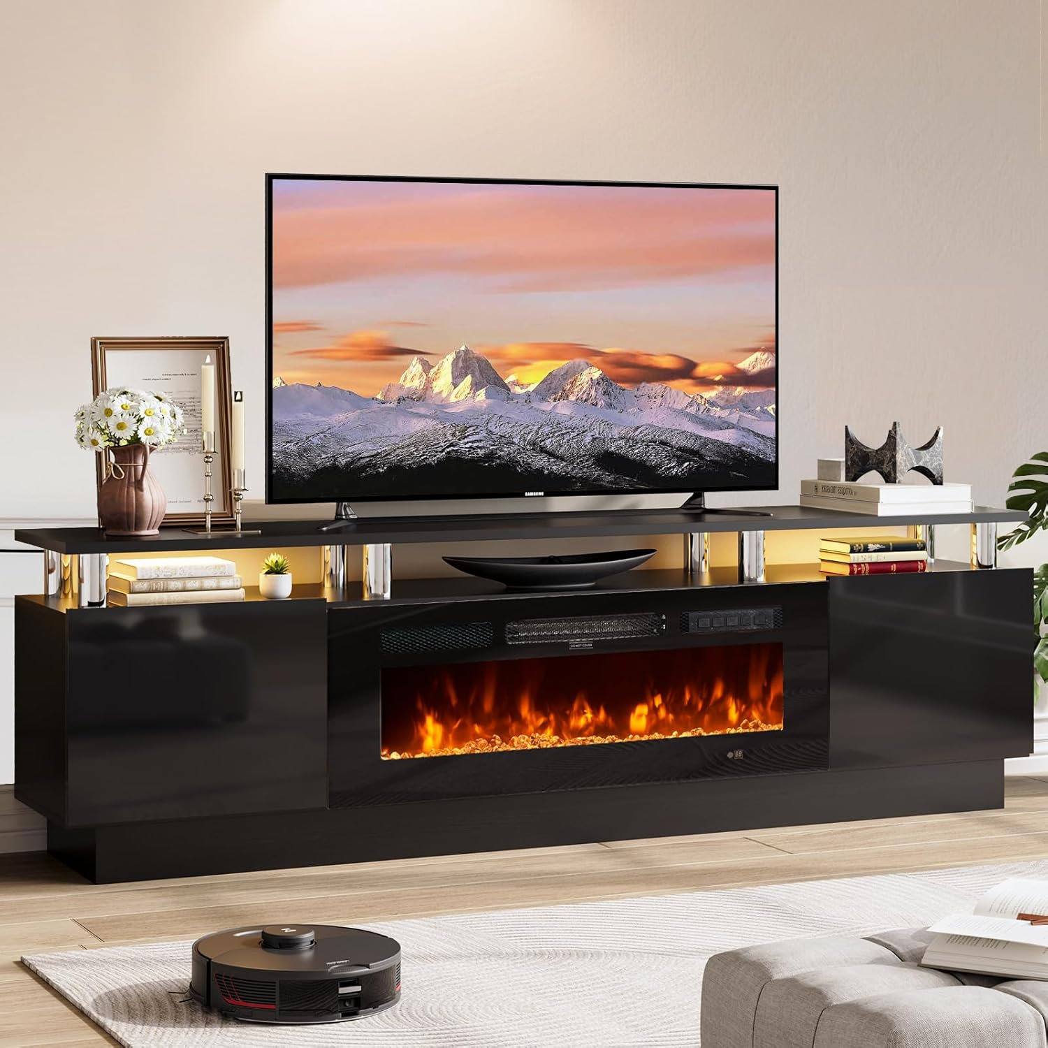 Modern 70″ TV Stand & Electric Fireplace, Fits TVs up to 80″, All Black
