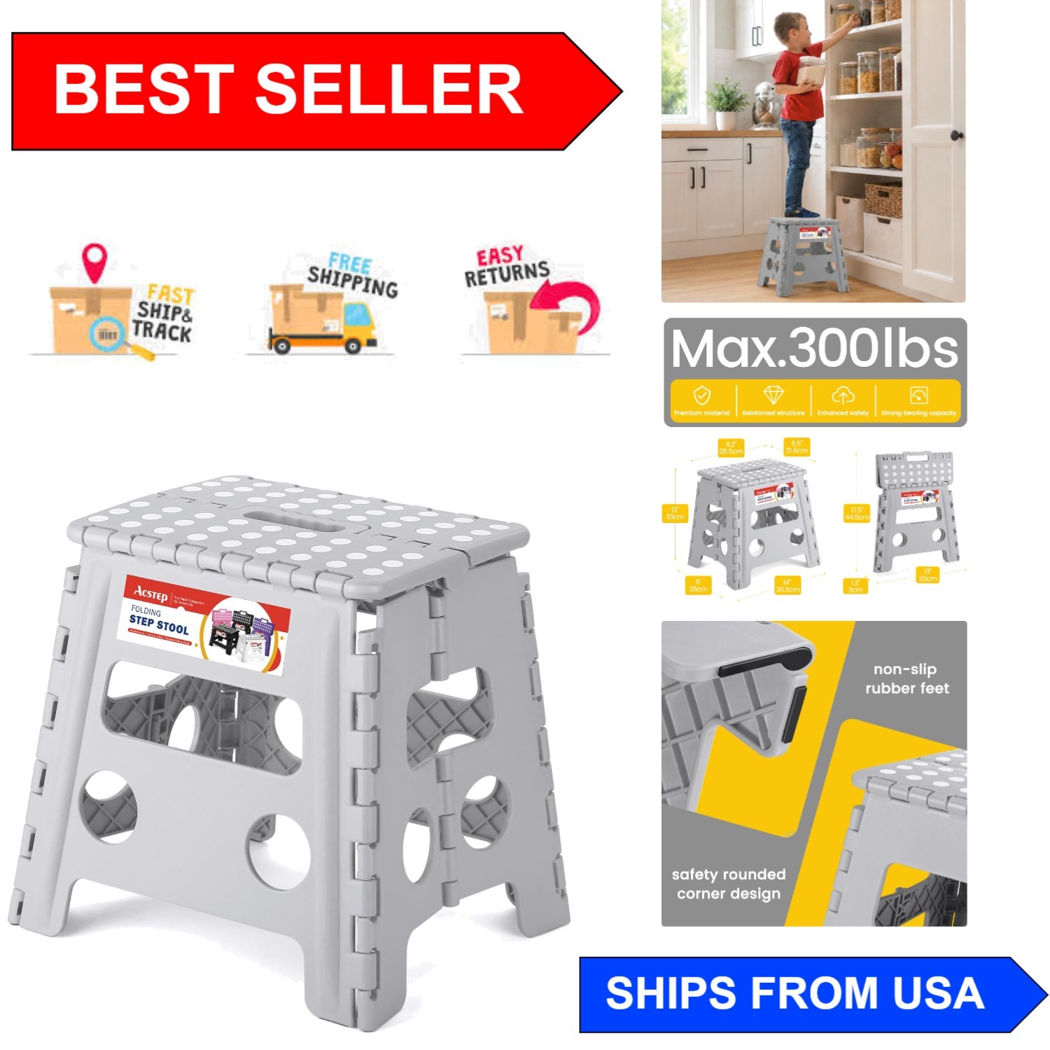 Space-Saving 13” Portable Step Stool, Non-Slip Design for Family Safety – Grey