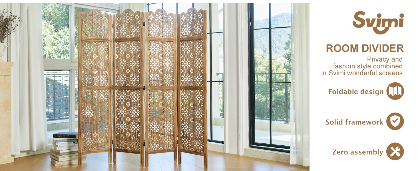68.9Inch Folding Room Divider, 4 Panels Wood Carved Screens – Ideal Decorative