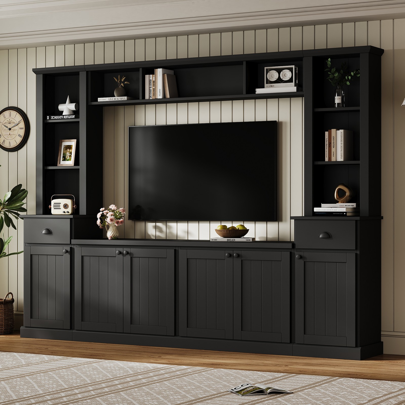 Modern Entertainment Center Wall Unit TV Stand with Bridge for 75 inch TVs Black