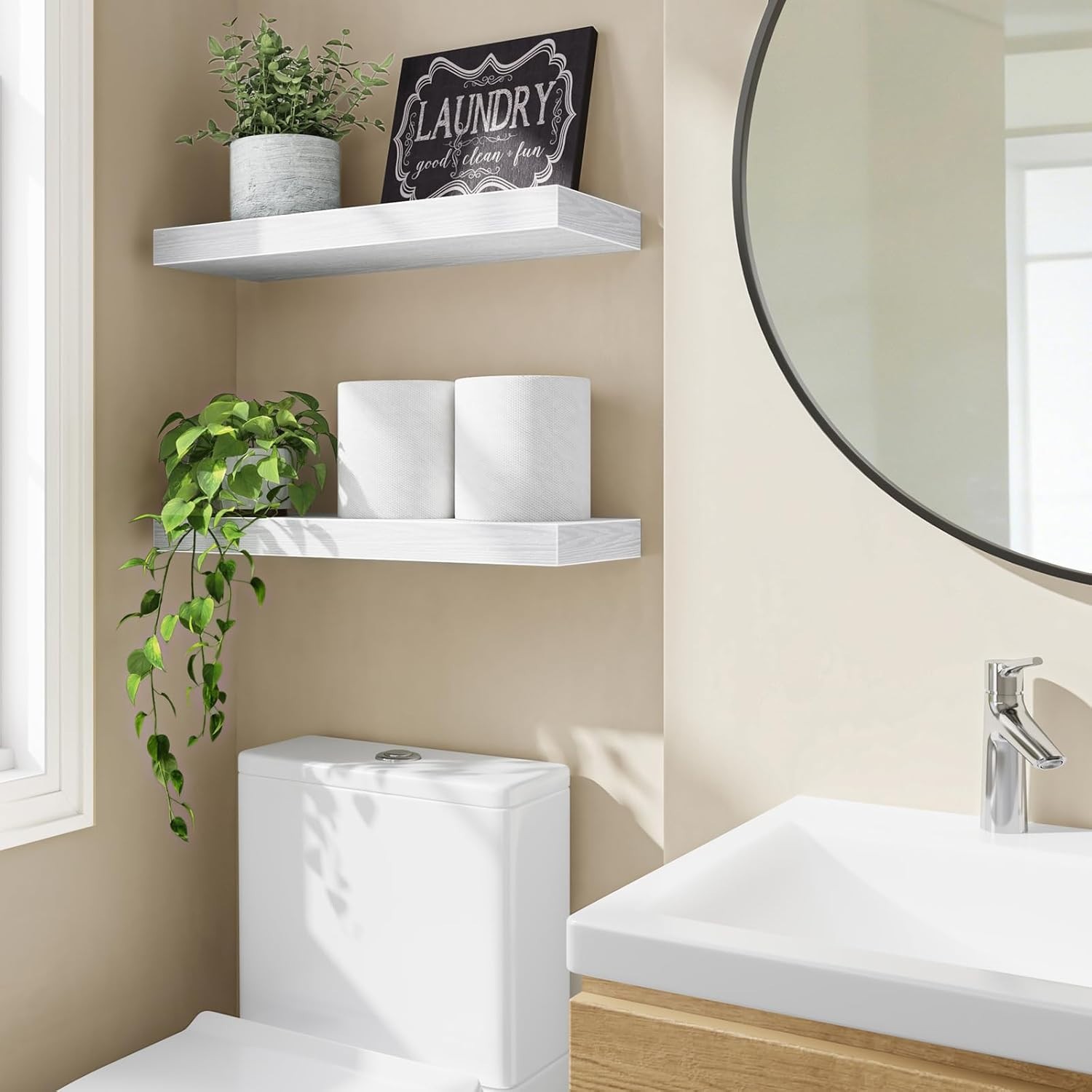 Floating Shelves for Wall Decor White, Set of 2, 15.7 Inch | MDF Shelves with…