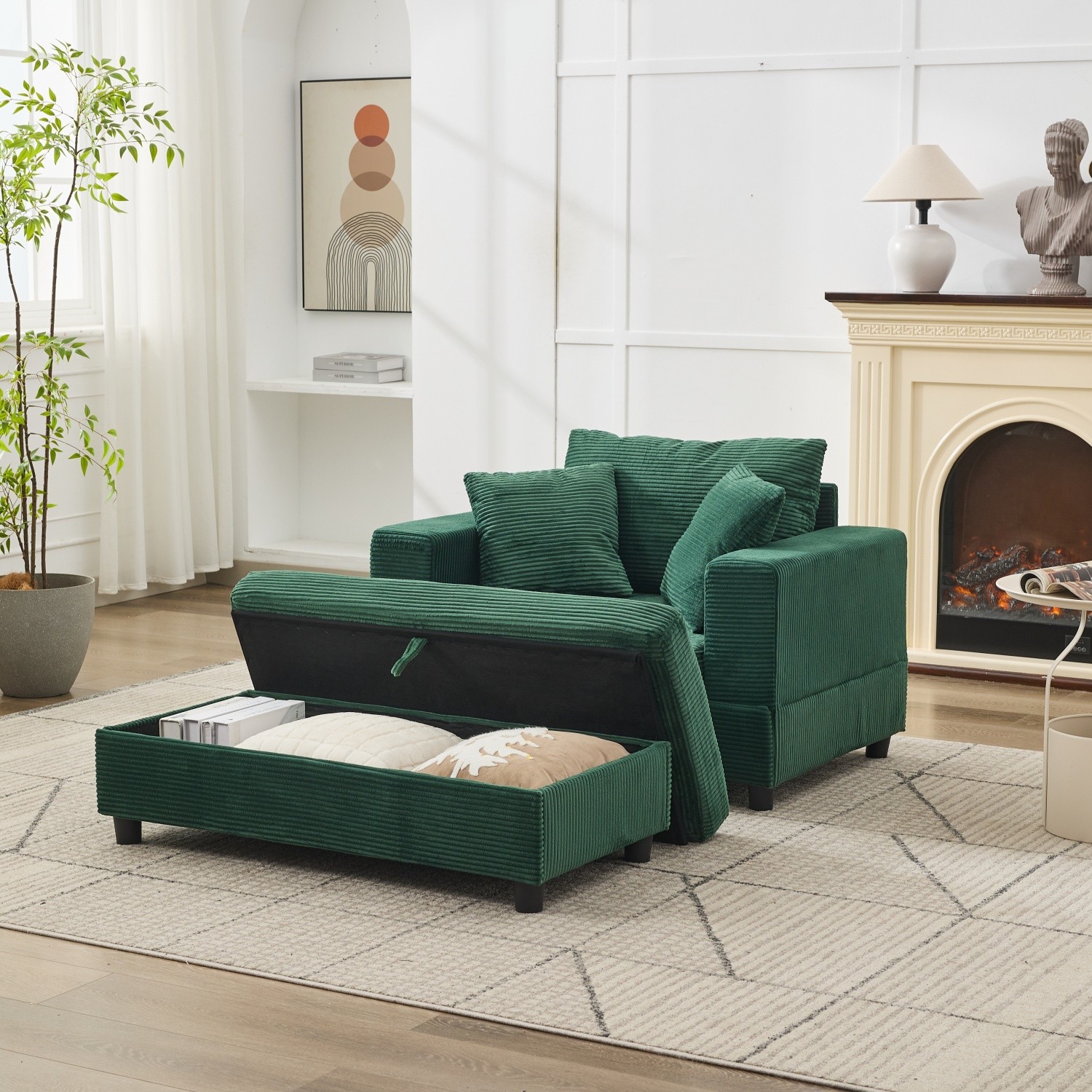 Modern Upholstered Chaise Lounge Armchair with Storage Ottoman for Living Room