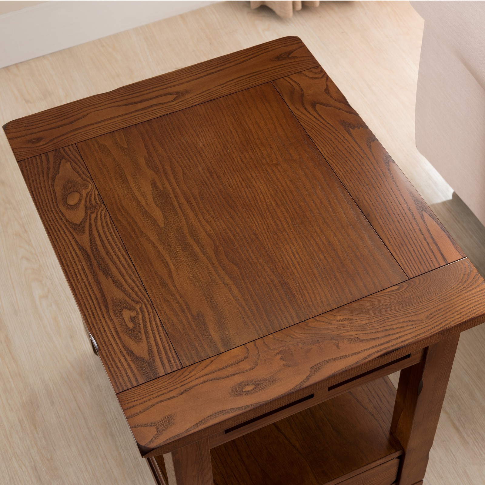 Rustic Oak End Table Drawer Shelf Solid Wood Square Side Table Farmhouse Natural