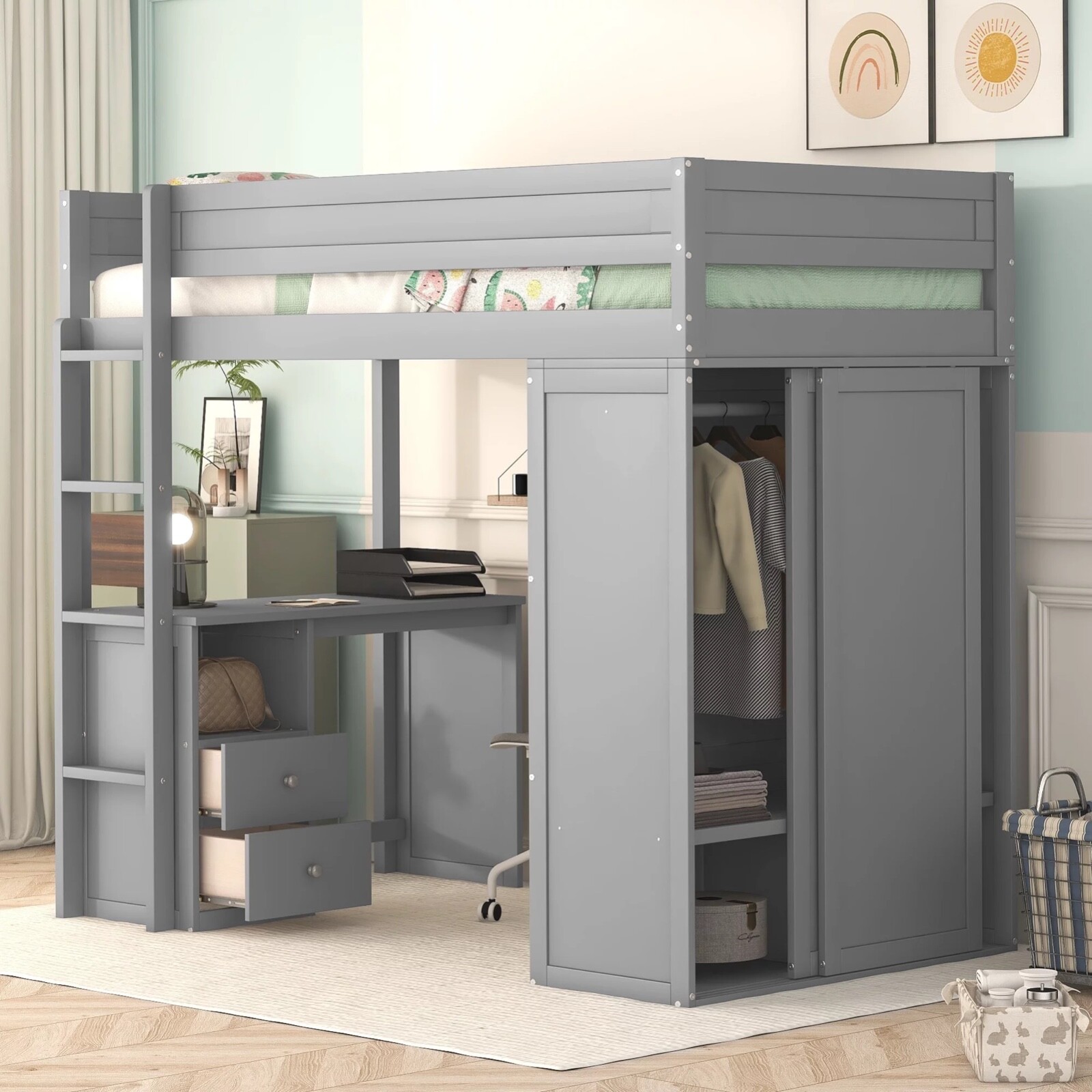 Wood Twin Size Loft Bed with Desk and Wardrobe for Kids, Gray