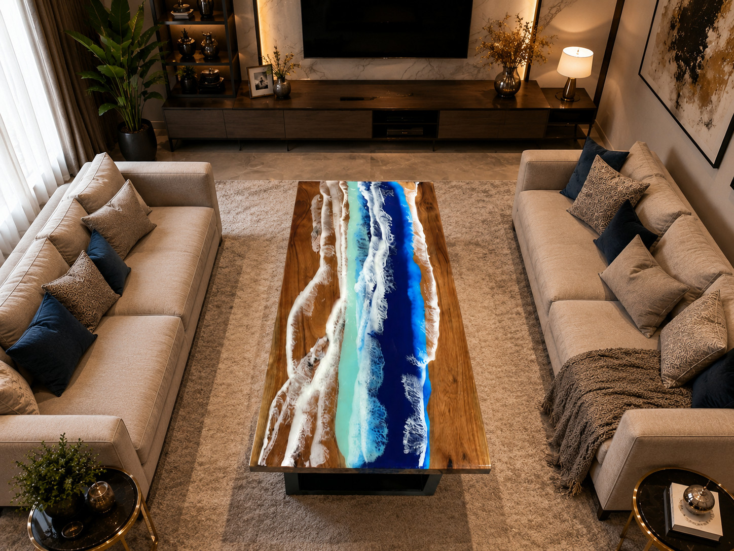 Luxury Ocean Resin Dining Table – Blue Beach Epoxy Wood Table for Modern Living