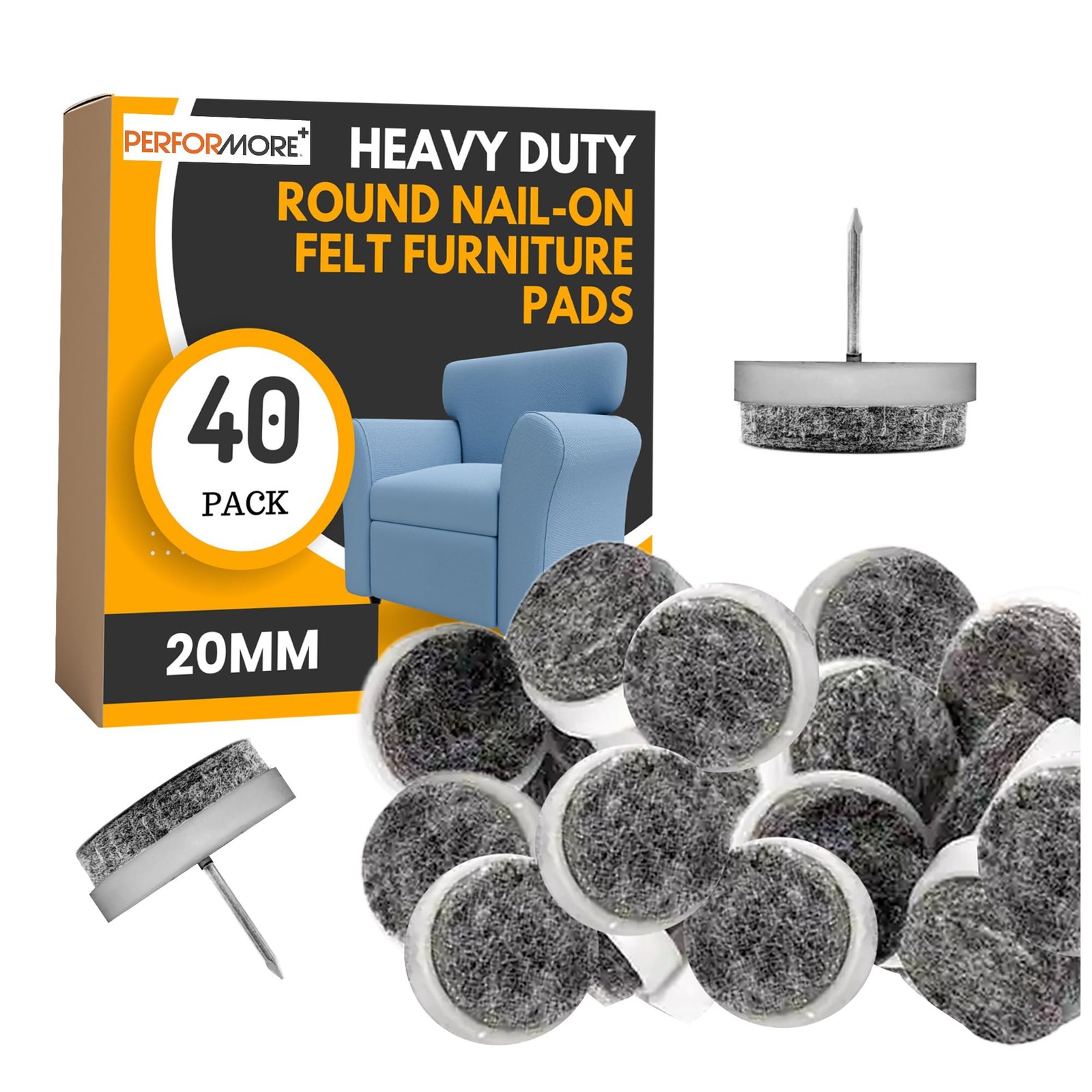 PERFORMORE 40 Pcs Heavy Duty Round Nail-On Felt Furniture Pads 20mm, Non Slip…